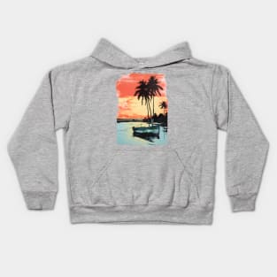 Palm Trees Sunset Tropical Beach Boat Seascape Graphic Kids Hoodie